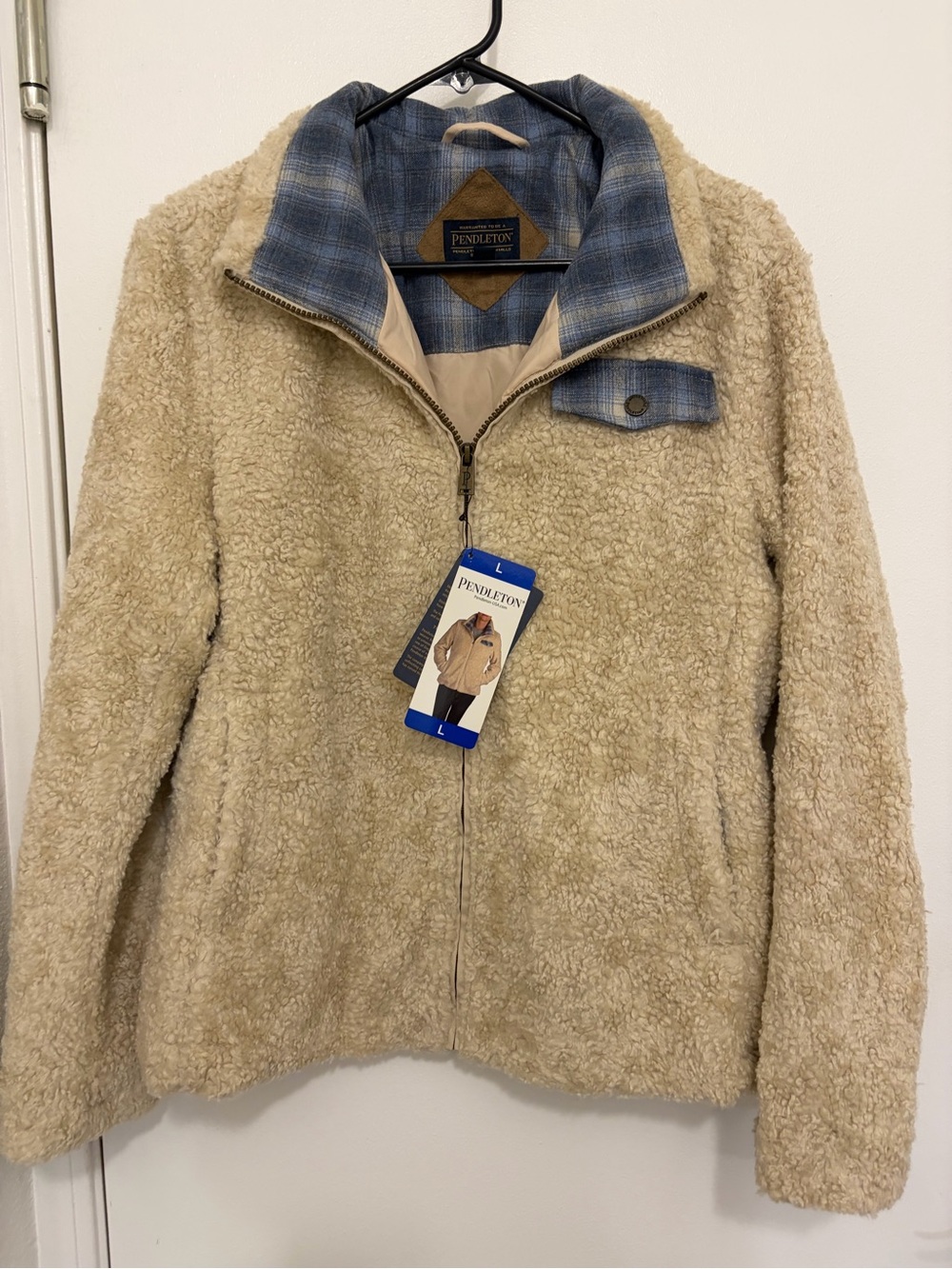 Pendleton Cream Sherpa Jacket with Blue Plaid Trim woman’s L